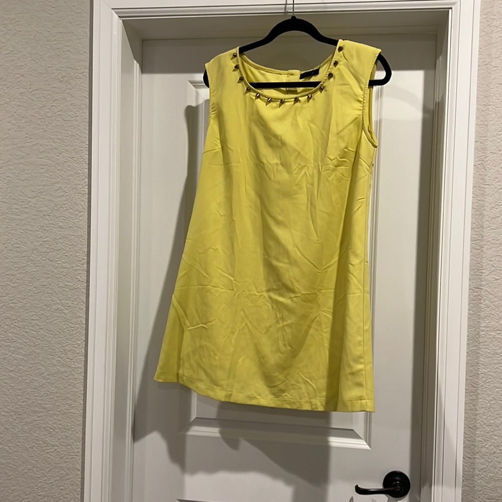 “Mine” chartreuse mini dress with gold accents, size large